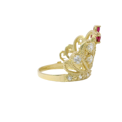 14KT Gold Ring Women's Two Tone "15" Quincenaera Tall Tiara Dark Pink Top Stones with 3 White CZ Stones on Crown Sides White CZ Stone Band