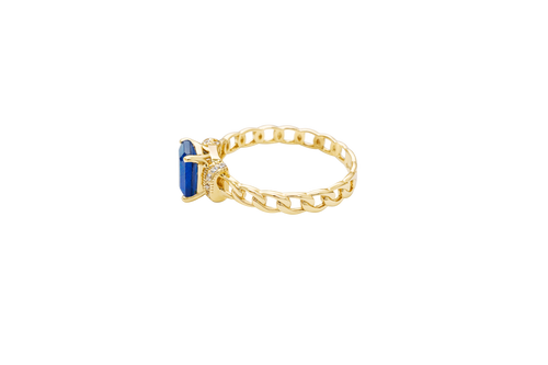 14KT Gold Ring Women's Rectangle Navy Blue Four Prong Center Stone with White CZ Stone Shoulder Straps and Chino Band