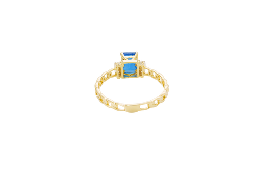 14KT Gold Ring Women's Rectangle Navy Blue Four Prong Center Stone with White CZ Stone Shoulder Straps and Chino Band