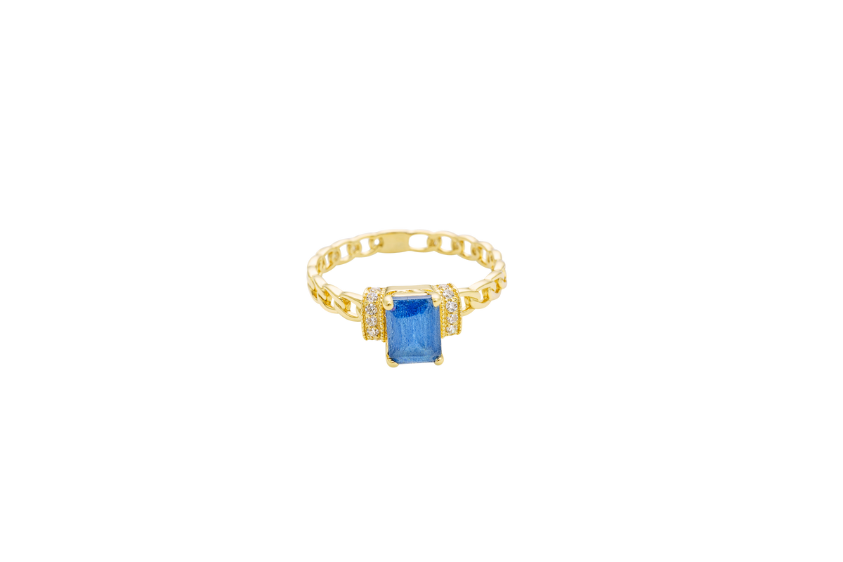 14KT Gold Ring Women's Rectangle Navy Blue Four Prong Center Stone with White CZ Stone Shoulder Straps and Chino Band