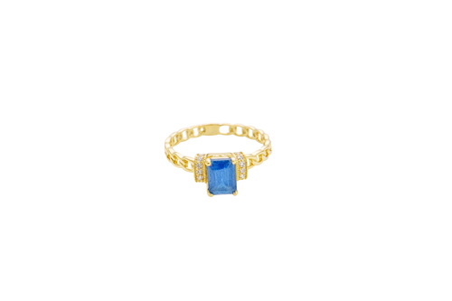 14KT Gold Ring Women's Rectangle Navy Blue Four Prong Center Stone with White CZ Stone Shoulder Straps and Chino Band