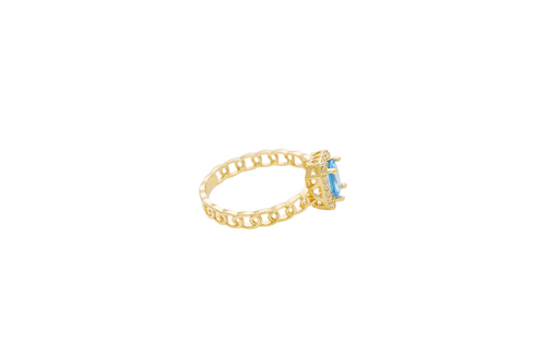 14KT Gold Ring Women's Rectangle Navy Blue Four Prong Center Stone with White CZ Stone Shoulder Straps and Chino Band
