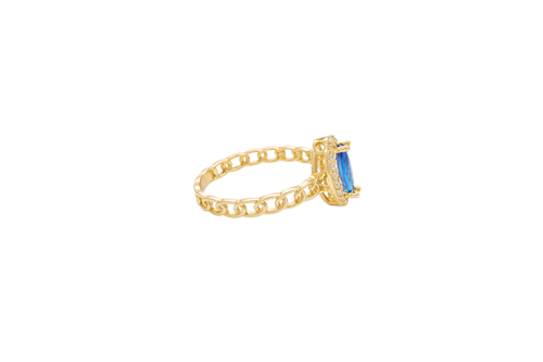 14KT Gold Ring Women's Marquise Navy Blue Center Stone with White CZ Stone Border Chino Band