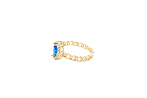 14KT Gold Ring Women's Marquise Navy Blue Center Stone with White CZ Stone Border Chino Band