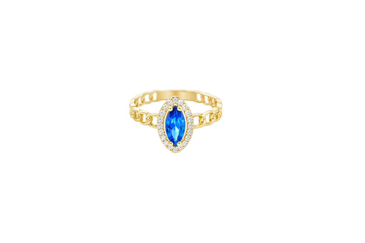 14KT Gold Ring Women's Marquise Navy Blue Center Stone with White CZ Stone Border Chino Band