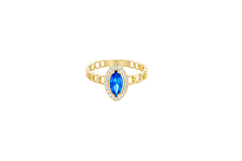 14KT Gold Ring Women's Marquise Navy Blue Center Stone with White CZ Stone Border Chino Band