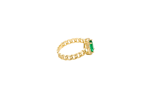 14KT Gold Ring Women's Oval Dark Green Center Stone with White CZ Stone Border Chino Band