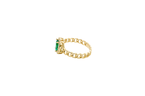 14KT Gold Ring Women's Oval Dark Green Center Stone with White CZ Stone Border Chino Band