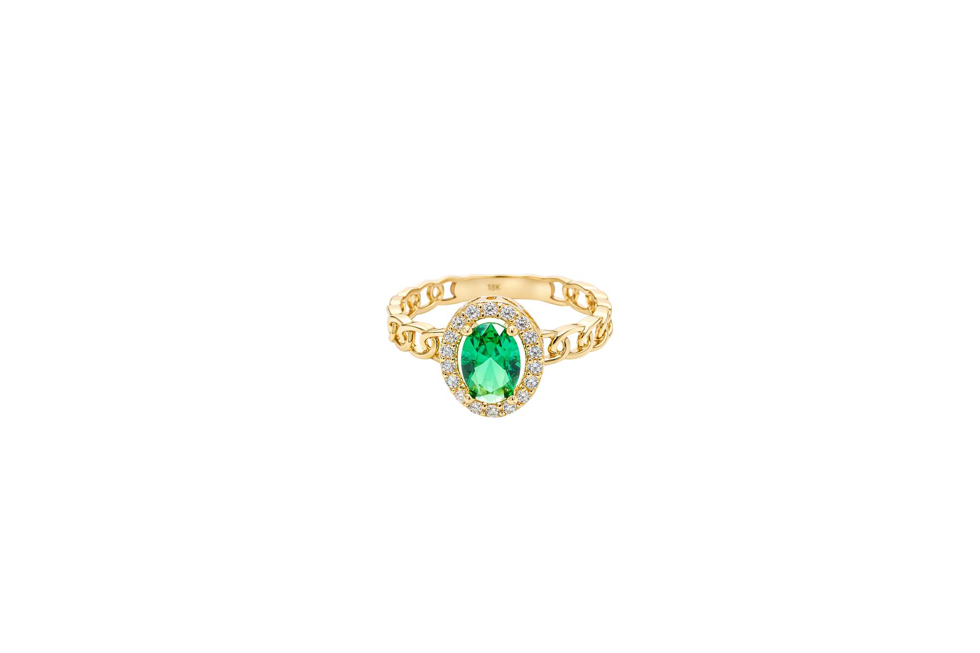 14KT Gold Ring Women's Oval Dark Green Center Stone with White CZ Stone Border Chino Band