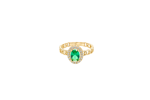 14KT Gold Ring Women's Oval Dark Green Center Stone with White CZ Stone Border Chino Band