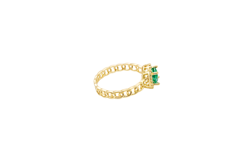 14KT Gold Ring Women's Round Dark Green Center Stone with White CZ Stone Border Chino Band