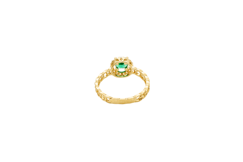 14KT Gold Ring Women's Round Dark Green Center Stone with White CZ Stone Border Chino Band