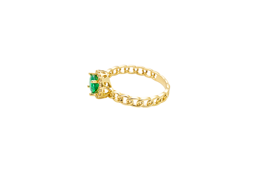 14KT Gold Ring Women's Round Dark Green Center Stone with White CZ Stone Border Chino Band