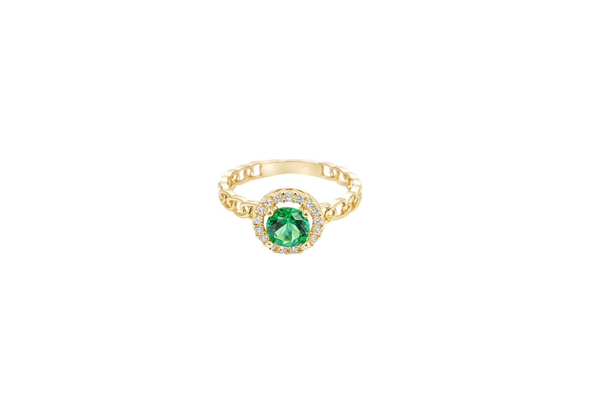 14KT Gold Ring Women's Round Dark Green Center Stone with White CZ Stone Border Chino Band