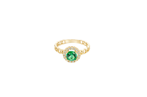 14KT Gold Ring Women's Round Dark Green Center Stone with White CZ Stone Border Chino Band