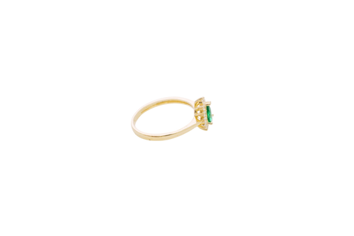 14KT Women's Gold Ring Flower Oval Dark Green Center Stone with White CZ Stone Petals Border Plain Band
