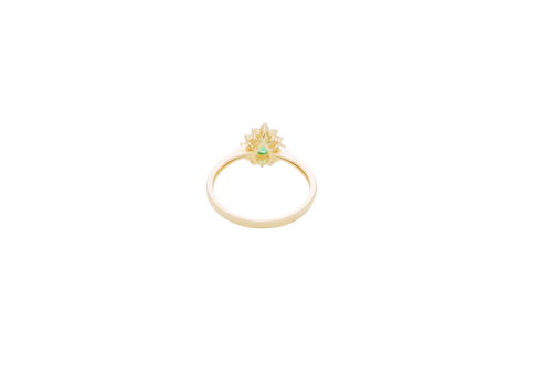 14KT Women's Gold Ring Flower Oval Dark Green Center Stone with White CZ Stone Petals Border Plain Band