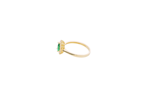 14KT Women's Gold Ring Flower Oval Dark Green Center Stone with White CZ Stone Petals Border Plain Band