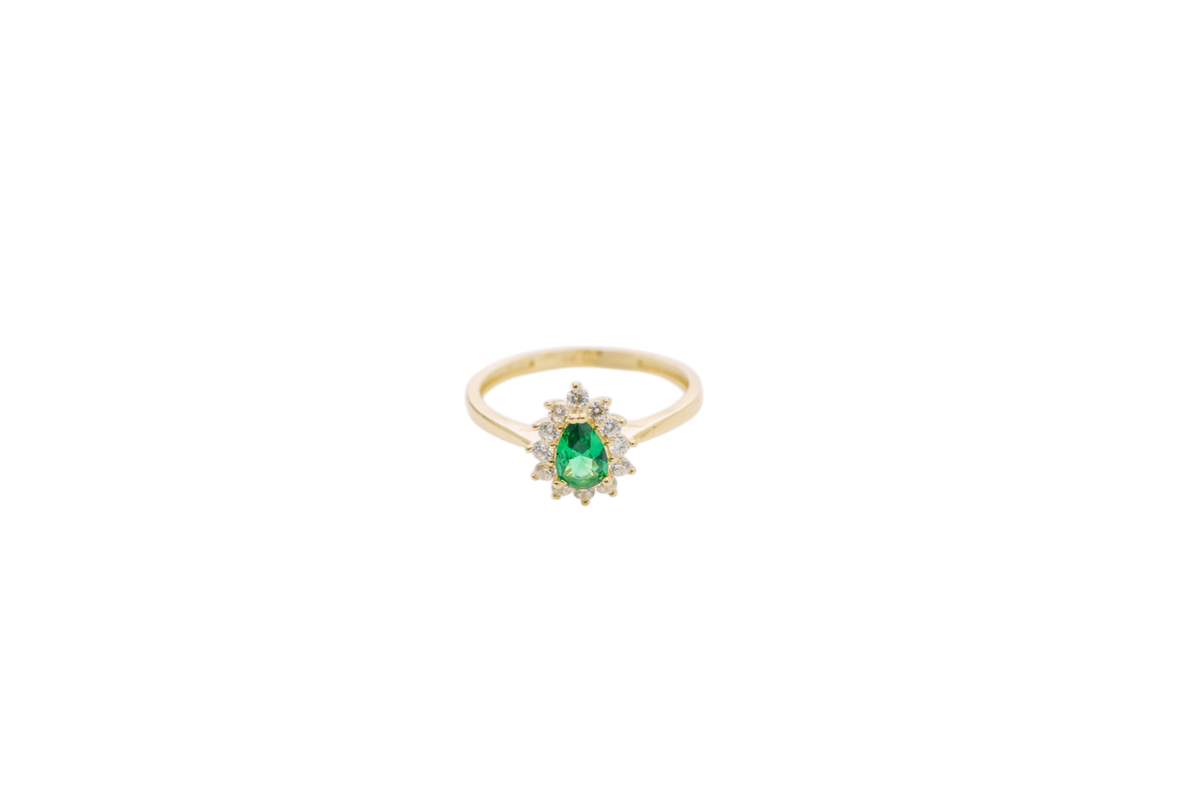 14KT Women's Gold Ring Flower Oval Dark Green Center Stone with White CZ Stone Petals Border Plain Band