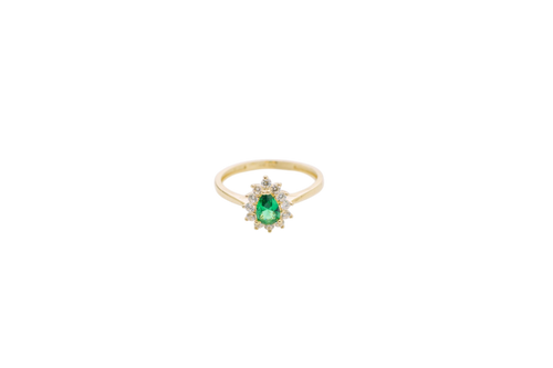 14KT Women's Gold Ring Flower Oval Dark Green Center Stone with White CZ Stone Petals Border Plain Band