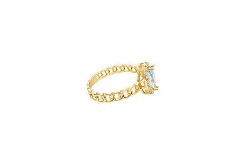 14KT Gold Ring Women's Marquise Light Blue Center Stone with White CZ Stone Border Chino Band