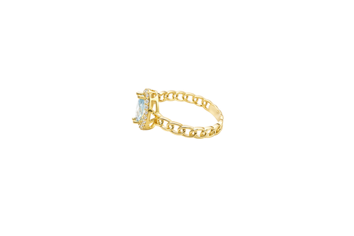 14KT Gold Ring Women's Marquise Light Blue Center Stone with White CZ Stone Border Chino Band