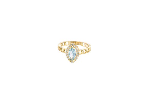 14KT Gold Ring Women's Marquise Light Blue Center Stone with White CZ Stone Border Chino Band