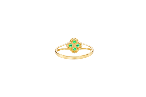 14KT Gold Ring Women's Mini Four Petal Flower Dark Green Petals with White CZ Center Stone and Border Plain Split Band