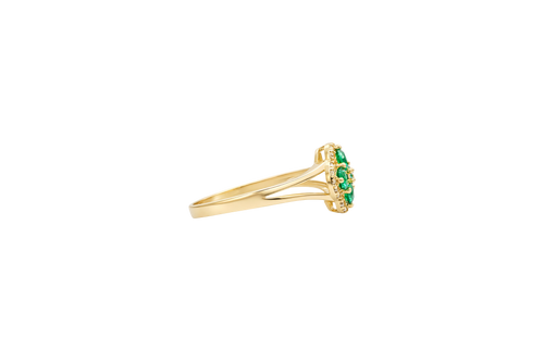 14KT Gold Ring Women's Mini Four Petal Flower Dark Green Petals with White CZ Center Stone and Border Plain Split Band