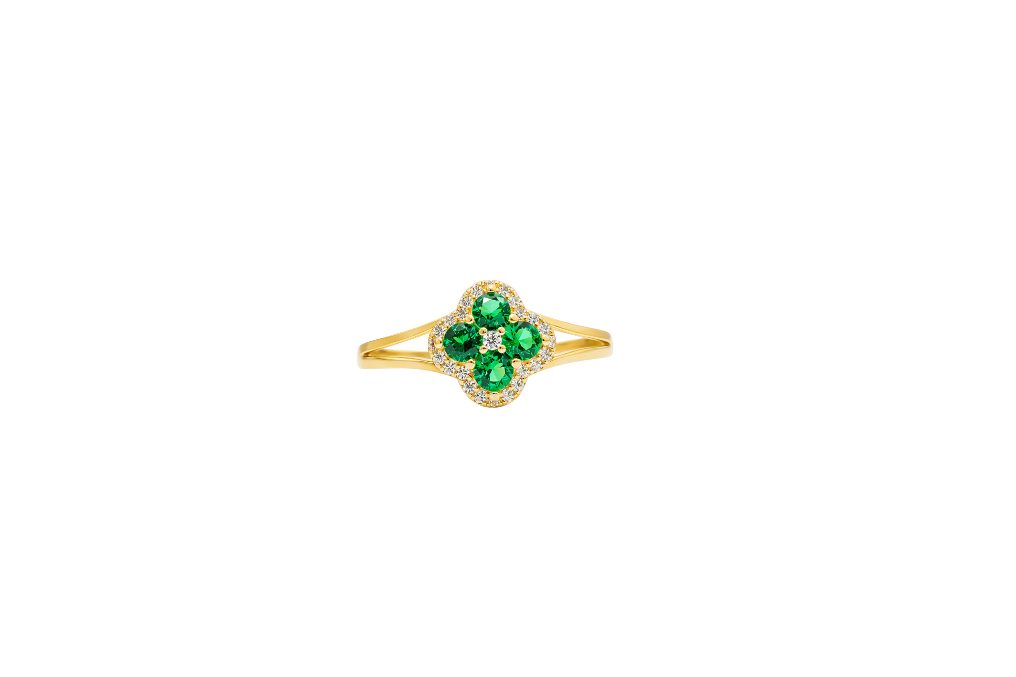 14KT Gold Ring Women's Mini Four Petal Flower Dark Green Petals with White CZ Center Stone and Border Plain Split Band