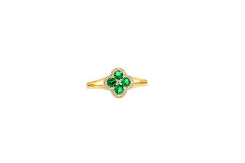 14KT Gold Ring Women's Mini Four Petal Flower Dark Green Petals with White CZ Center Stone and Border Plain Split Band