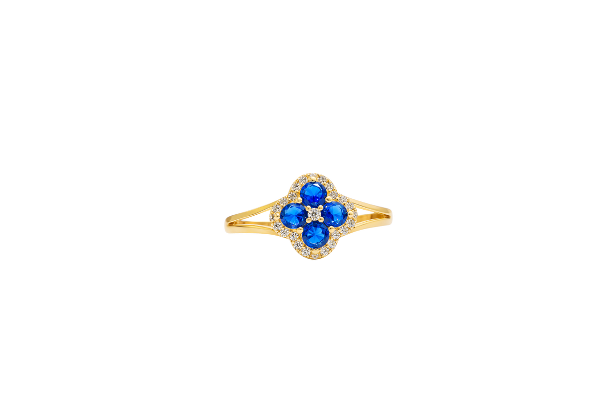14KT Gold Ring Women's Mini Four Petal Flower Navy Blue Petals with White CZ Center Stone and Border Plain Split Band