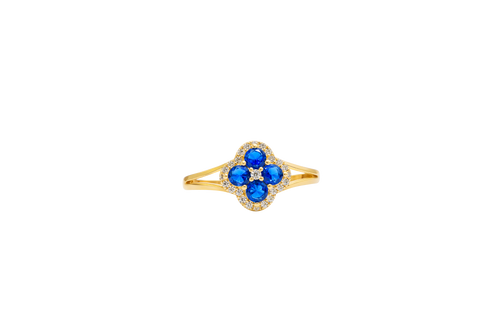 14KT Gold Ring Women's Mini Four Petal Flower Navy Blue Petals with White CZ Center Stone and Border Plain Split Band