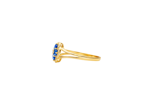 14KT Gold Ring Women's Mini Four Petal Flower Navy Blue Petals with White CZ Center Stone and Border Plain Split Band