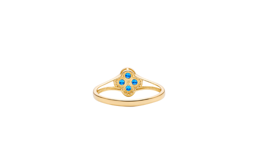 14KT Gold Ring Women's Mini Four Petal Flower Navy Blue Petals with White CZ Center Stone and Border Plain Split Band