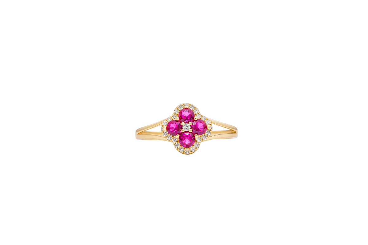 14KT Gold Ring Women's Mini Four Petal Flower Dark Pink Petals with White CZ Center Stone and Border Plain Split Band
