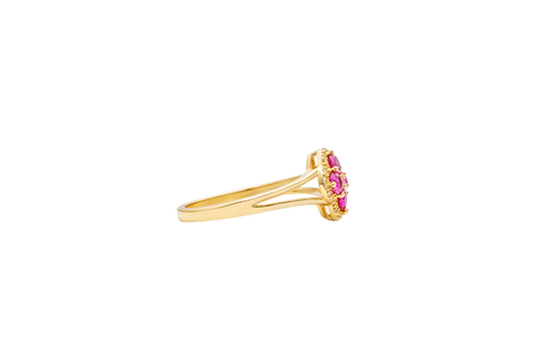 14KT Gold Ring Women's Mini Four Petal Flower Dark Pink Petals with White CZ Center Stone and Border Plain Split Band