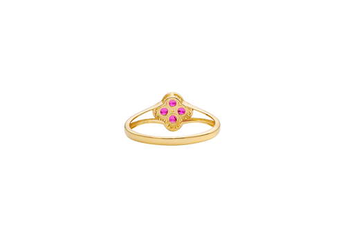 14KT Gold Ring Women's Mini Four Petal Flower Dark Pink Petals with White CZ Center Stone and Border Plain Split Band