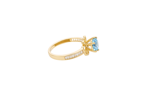 14KT Gold Ring Women's Round Aqua Blue CZ Center Stone Open Flower Heart Petals with White CZ Baguette Stone Band