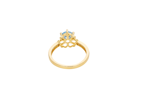 14KT Gold Ring Women's Round Aqua Blue CZ Center Stone Open Flower Heart Petals with White CZ Baguette Stone Band