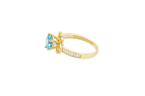 14KT Gold Ring Women's Round Aqua Blue CZ Center Stone Open Flower Heart Petals with White CZ Baguette Stone Band
