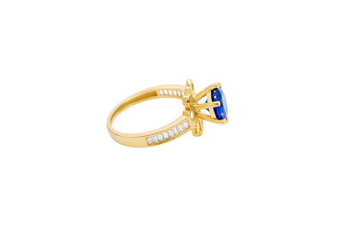 14KT Gold Ring Women's Round Navy Blue CZ Center Stone Open Flower Heart Petals with White CZ Baguette Stone Band