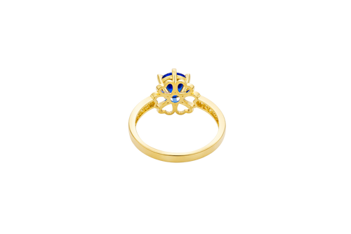 14KT Gold Ring Women's Round Navy Blue CZ Center Stone Open Flower Heart Petals with White CZ Baguette Stone Band