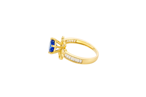 14KT Gold Ring Women's Round Navy Blue CZ Center Stone Open Flower Heart Petals with White CZ Baguette Stone Band
