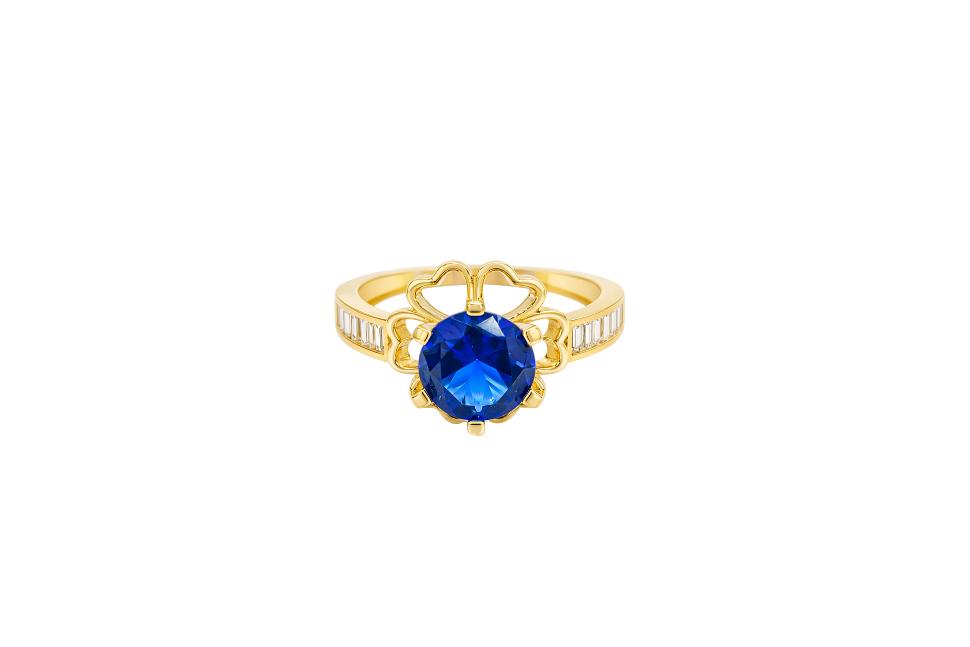 14KT Gold Ring Women's Round Navy Blue CZ Center Stone Open Flower Heart Petals with White CZ Baguette Stone Band