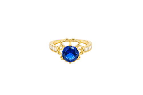 14KT Gold Ring Women's Round Navy Blue CZ Center Stone Open Flower Heart Petals with White CZ Baguette Stone Band