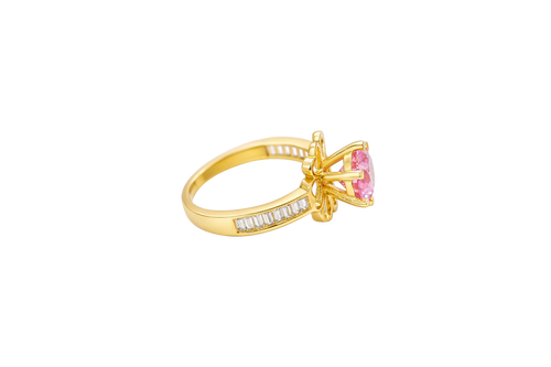 14KT Gold Ring Women's Round Pink CZ Center Stone Open Flower Heart Petals with White CZ Baguette Stone Band
