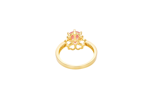 14KT Gold Ring Women's Round Pink CZ Center Stone Open Flower Heart Petals with White CZ Baguette Stone Band