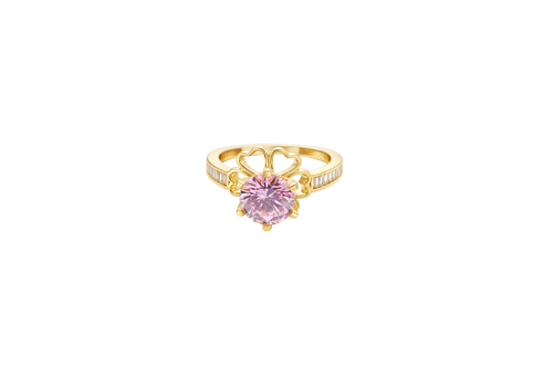 14KT Gold Ring Women's Round Pink CZ Center Stone Open Flower Heart Petals with White CZ Baguette Stone Band