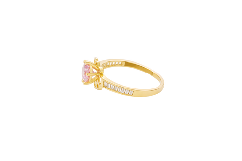 14KT Gold Ring Women's Round Pink CZ Center Stone Open Flower Heart Petals with White CZ Baguette Stone Band